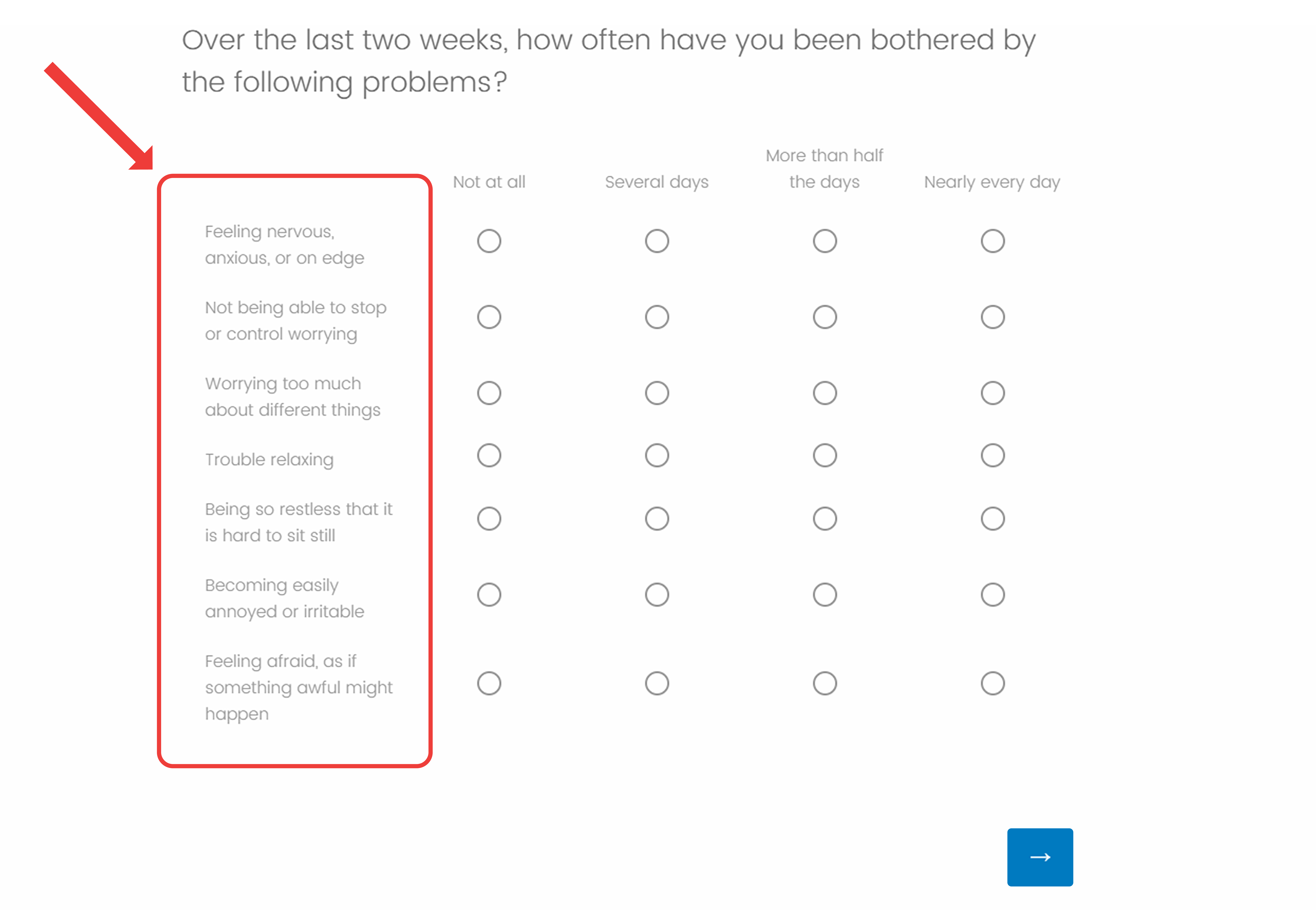 The seven questions from the GAD-7 presented in a single matrix with a 4-point response scale