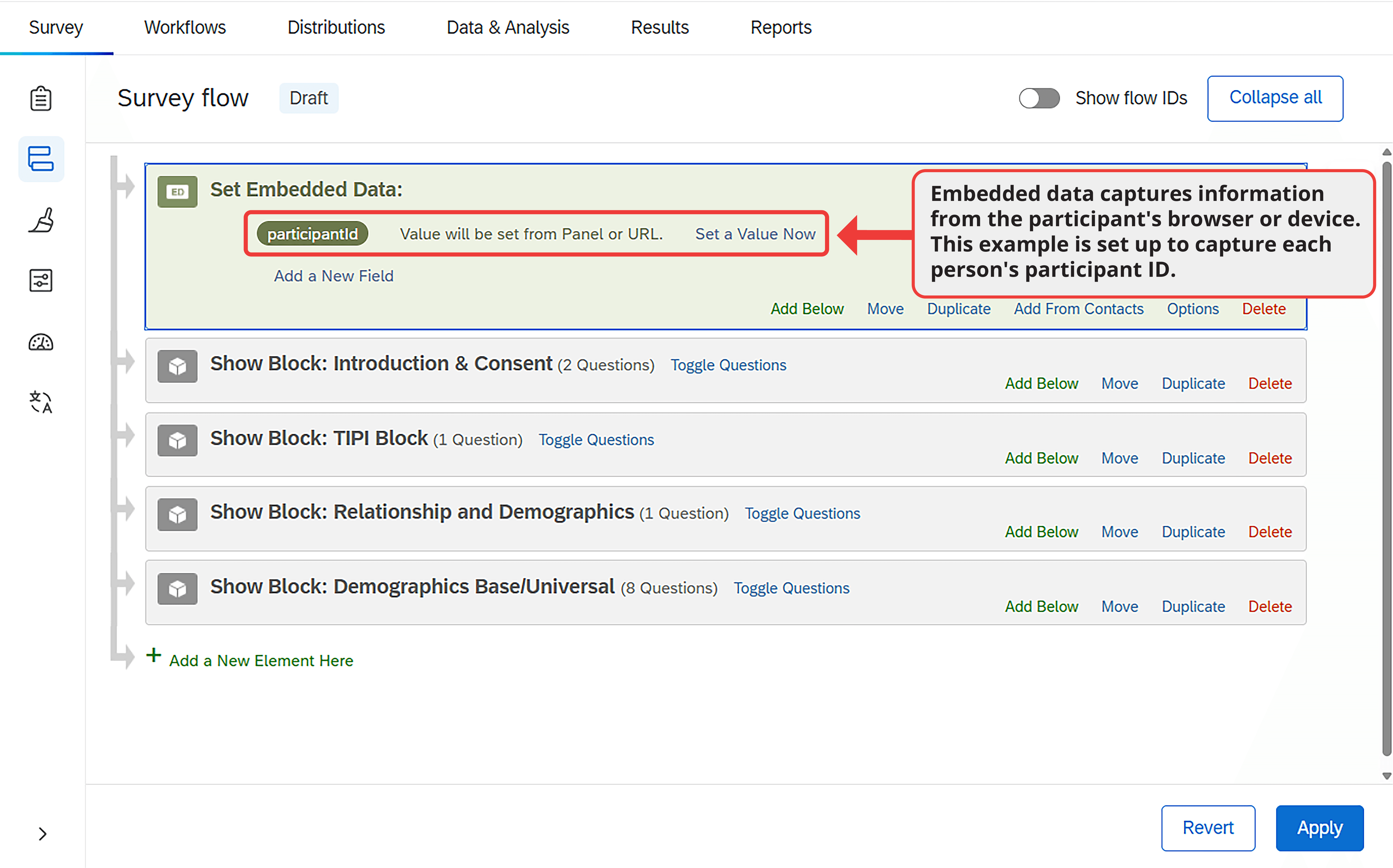 A screenshot of survey flow showing embedded data configuration with a field for participantId that will capture the value from the URL