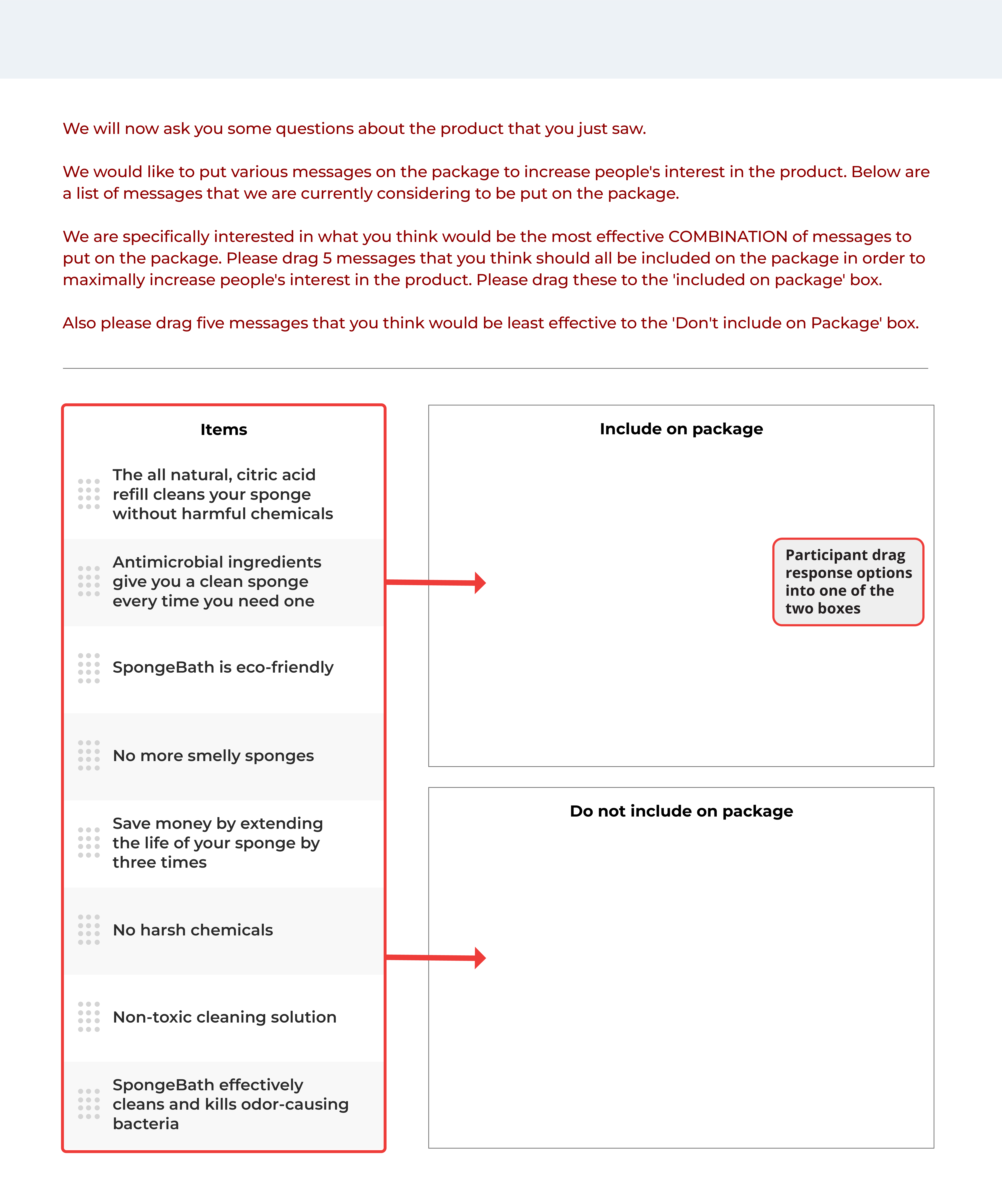 Drag and drop question interface with items on the left and two target boxes labeled Include on package and Do not include on package on the right