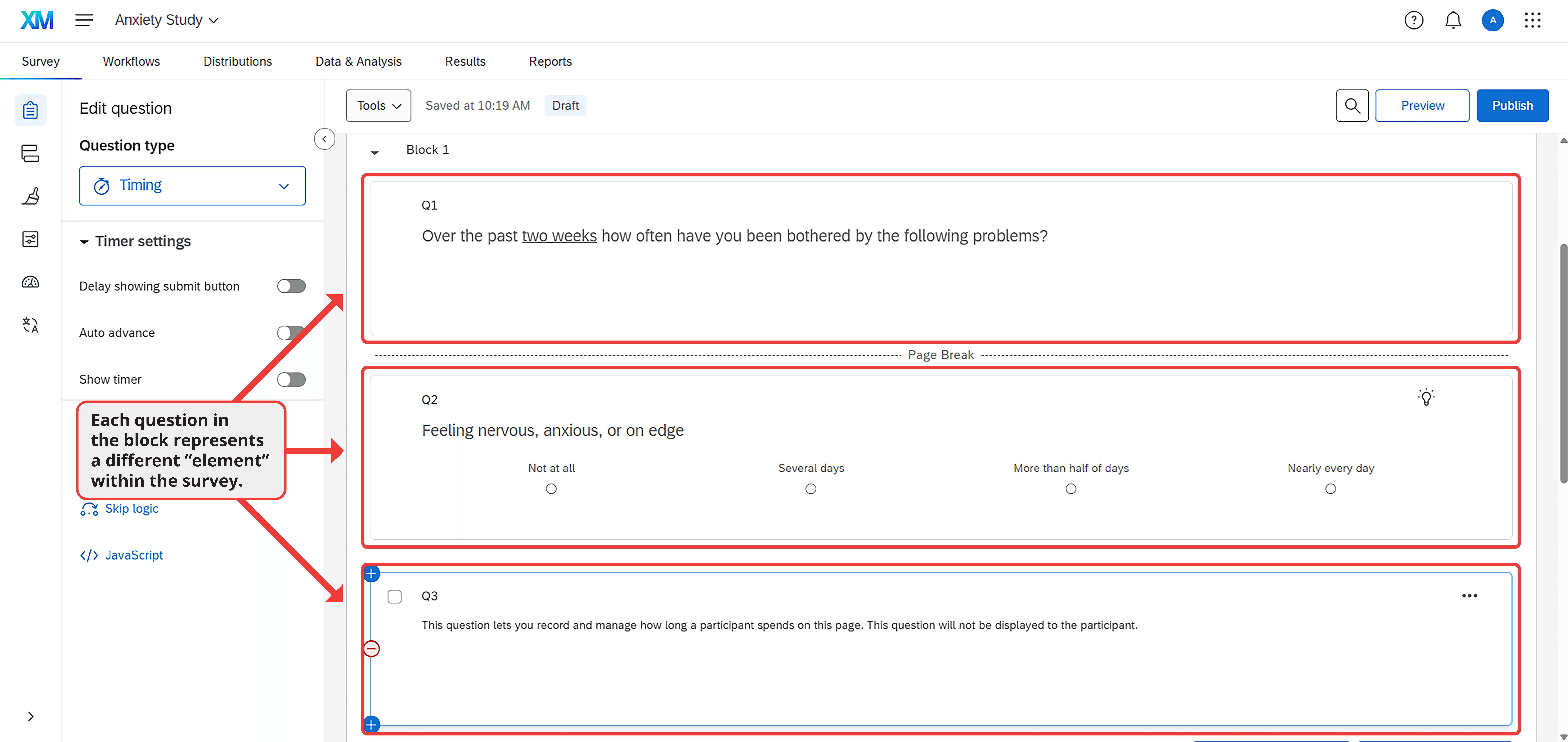 Qualtrics survey platform showing a block with three elements: instructions asking about anxiety over the past two weeks, a multiple-choice question about feeling nervous or on edge, and a page-timing item