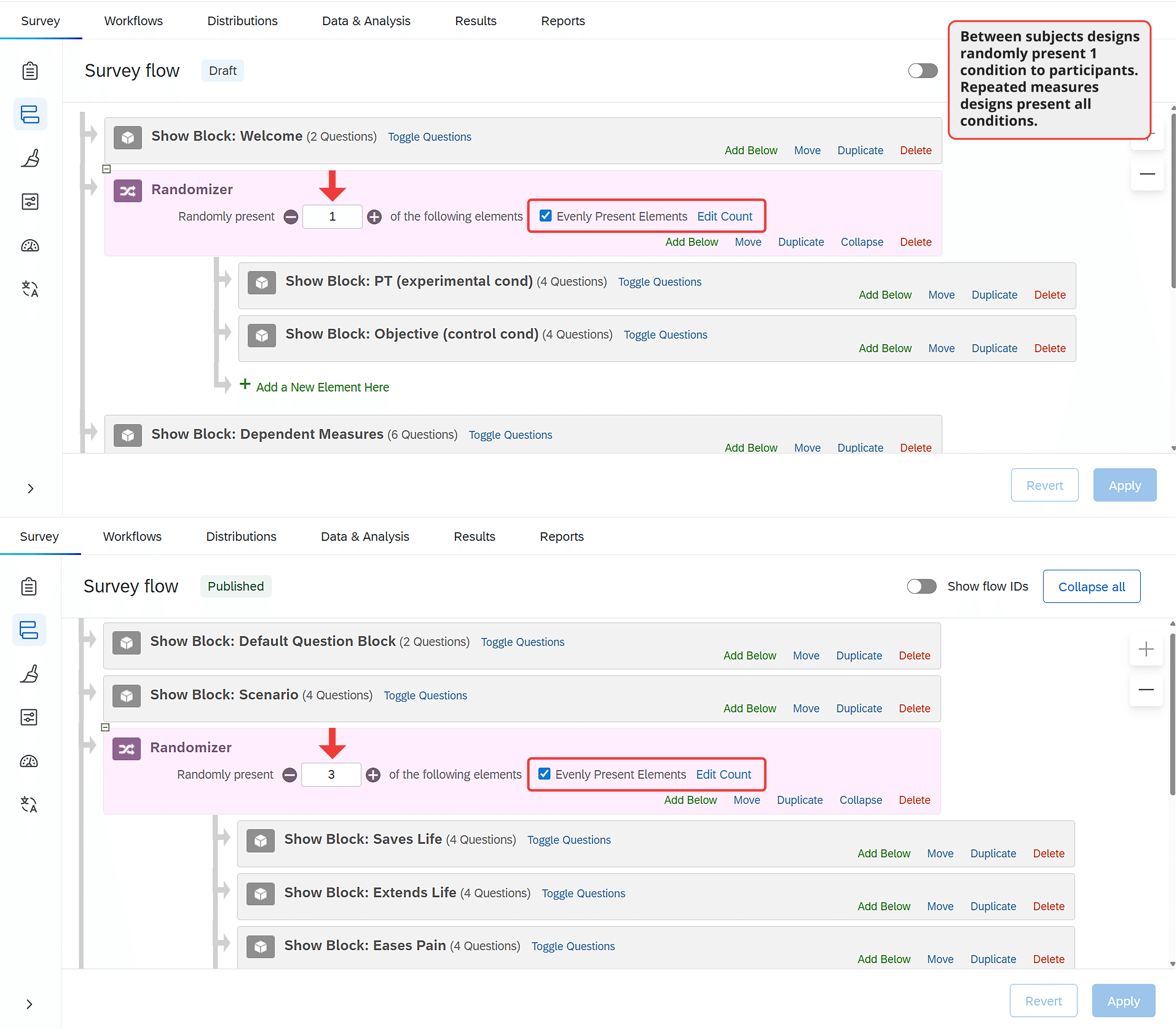Two Qualtrics survey flow screenshots. Top panel shows between-subjects randomization with randomizer set to present 1 of 2 blocks to each participant. Bottom panel shows within-subjects randomization where all 3 blocks are presented to each participant in random order.