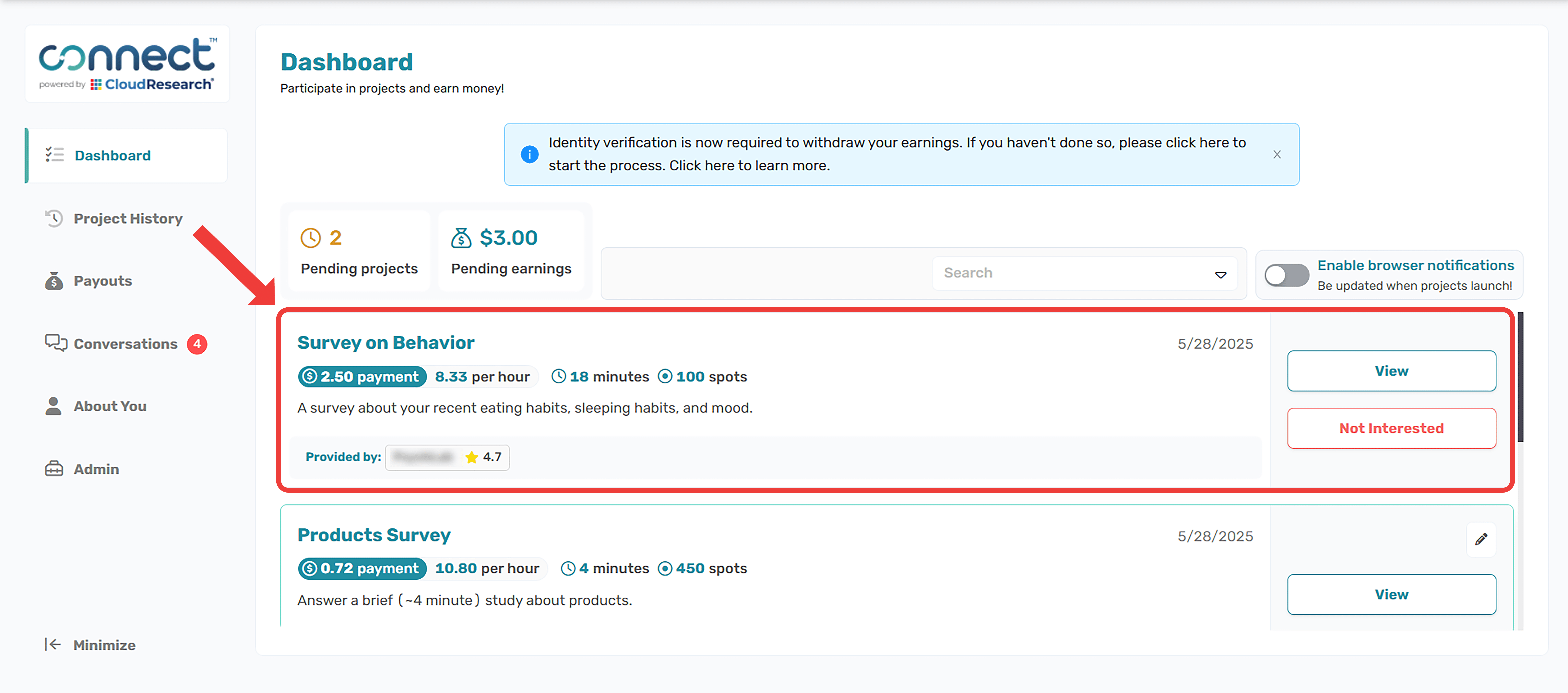 Connect platform dashboard showing a sample study posting titled 'Survey on Behavior' with $2.50 payment at 8.33 per hour, 18 minutes duration, 100 spots available, and description about eating habits, sleeping habits, and mood