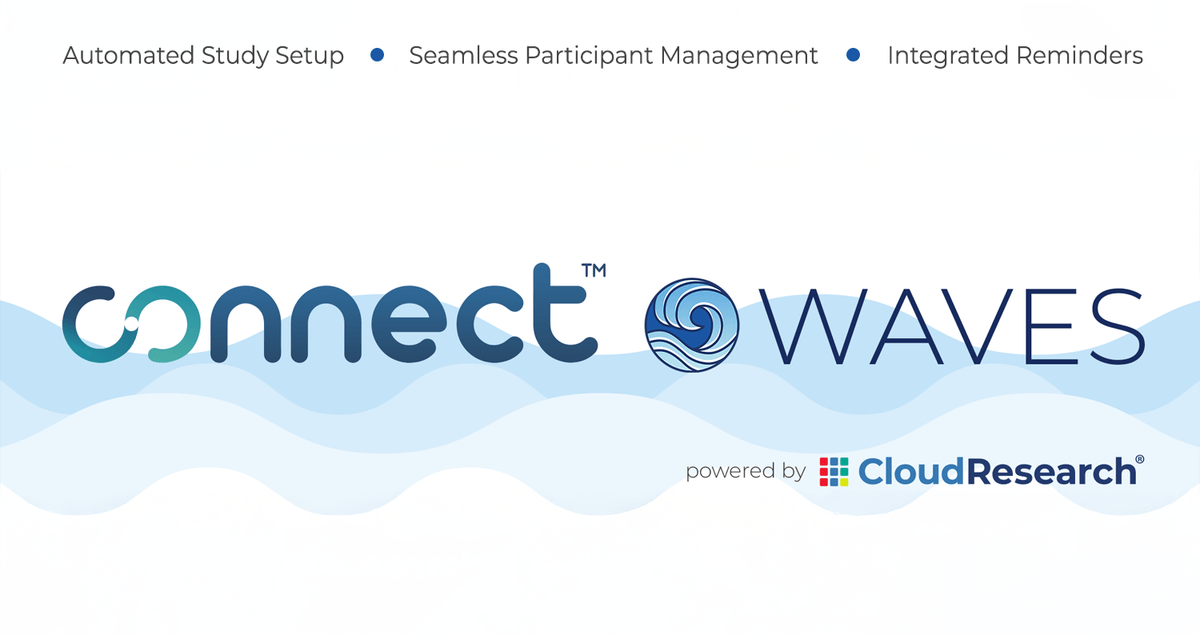 CloudResearch Connect Waves feature promotional banner showing a wave-like design and the Connect logo, illustrating the new tool for automating and managing longitudinal and daily diary studies