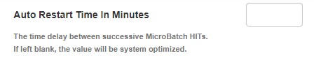 Interface showing the 'Auto Restart Time in Minutes' field where researchers can specify delay between batches of participants