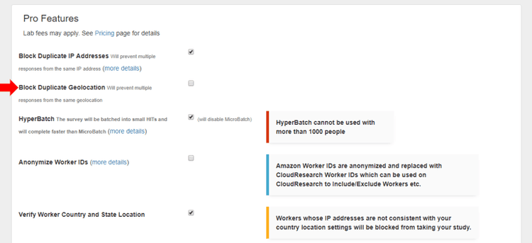 Screenshot of CloudResearch's Block Suspicious Geolocations tool interface showing the option to block submissions from suspicious locations
