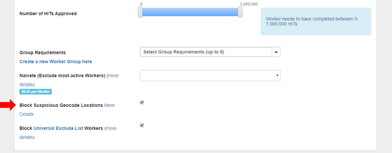 Screenshot of CloudResearch's Block Duplicate Geolocations tool interface in the Pro Features tab showing settings to limit submissions from any single location