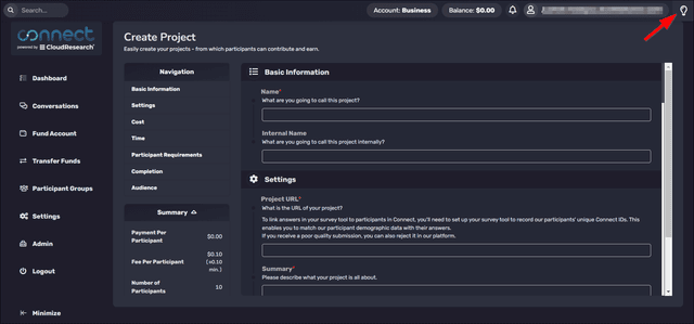 Connect participant dashboard displayed in dark mode with dark background