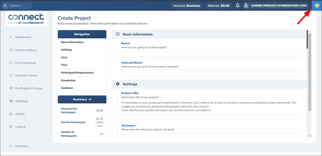 Connect participant dashboard displayed in light mode with white background