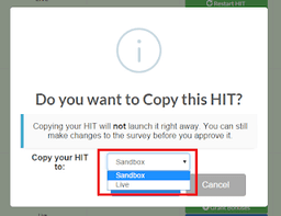 Screenshot of the Copy HIT dialog box asking whether to launch in Sandbox or Live mode