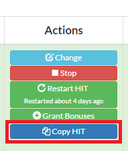 Screenshot showing the Copy HIT button in the Actions section of the CloudResearch dashboard