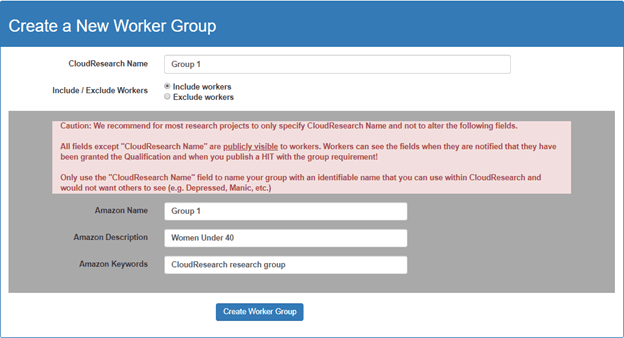 Screenshot of CloudResearch's 'Create a New Worker Group' dialog window showing fields for naming the group, adding Worker IDs, and setting group permissions for reusable participant lists
