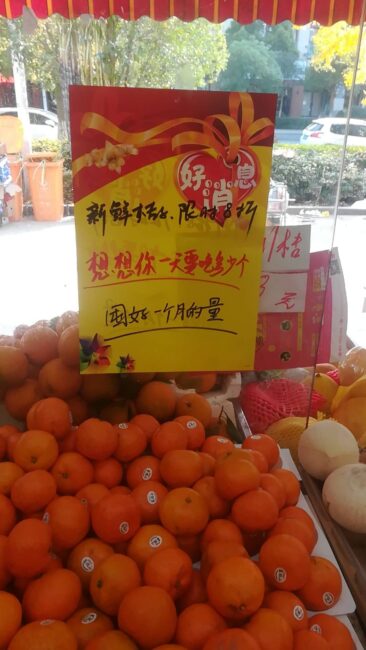 Store promotional poster showing the day-asking component of the SALE message, encouraging customers to think about daily fruit consumption while stocking up for longer periods