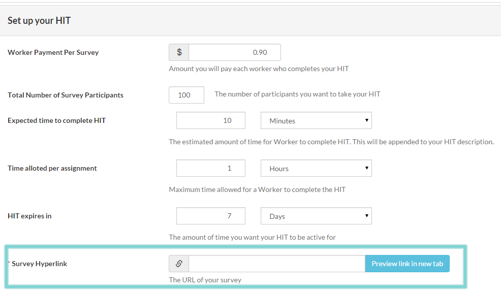 CloudResearch Design Survey form showing the Survey Hyperlink field