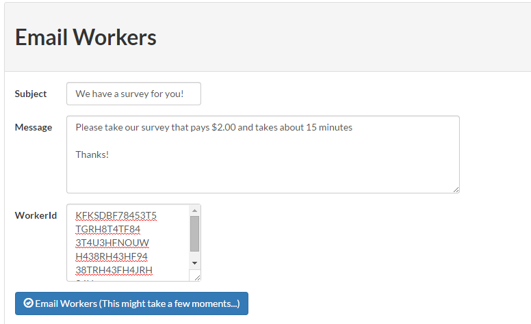Screenshot of TurkPrime's 'Email Workers' interface showing a form where researchers can manually enter Worker IDs and craft a message to send to specific participants