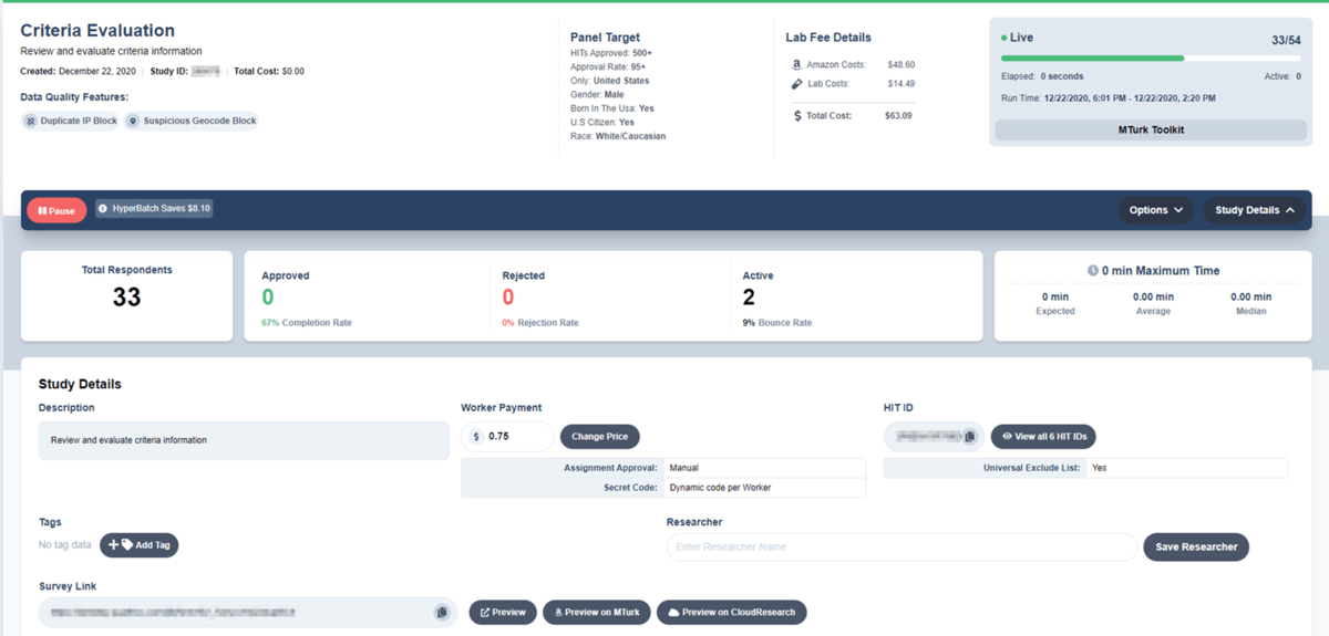 CloudResearch MTurk Toolkit expanded dashboard view showing bounce rate, completion rate, and average completion time indicators