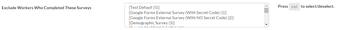Screenshot of TurkPrime's interface for selecting previous HITs to exclude workers who participated in those studies