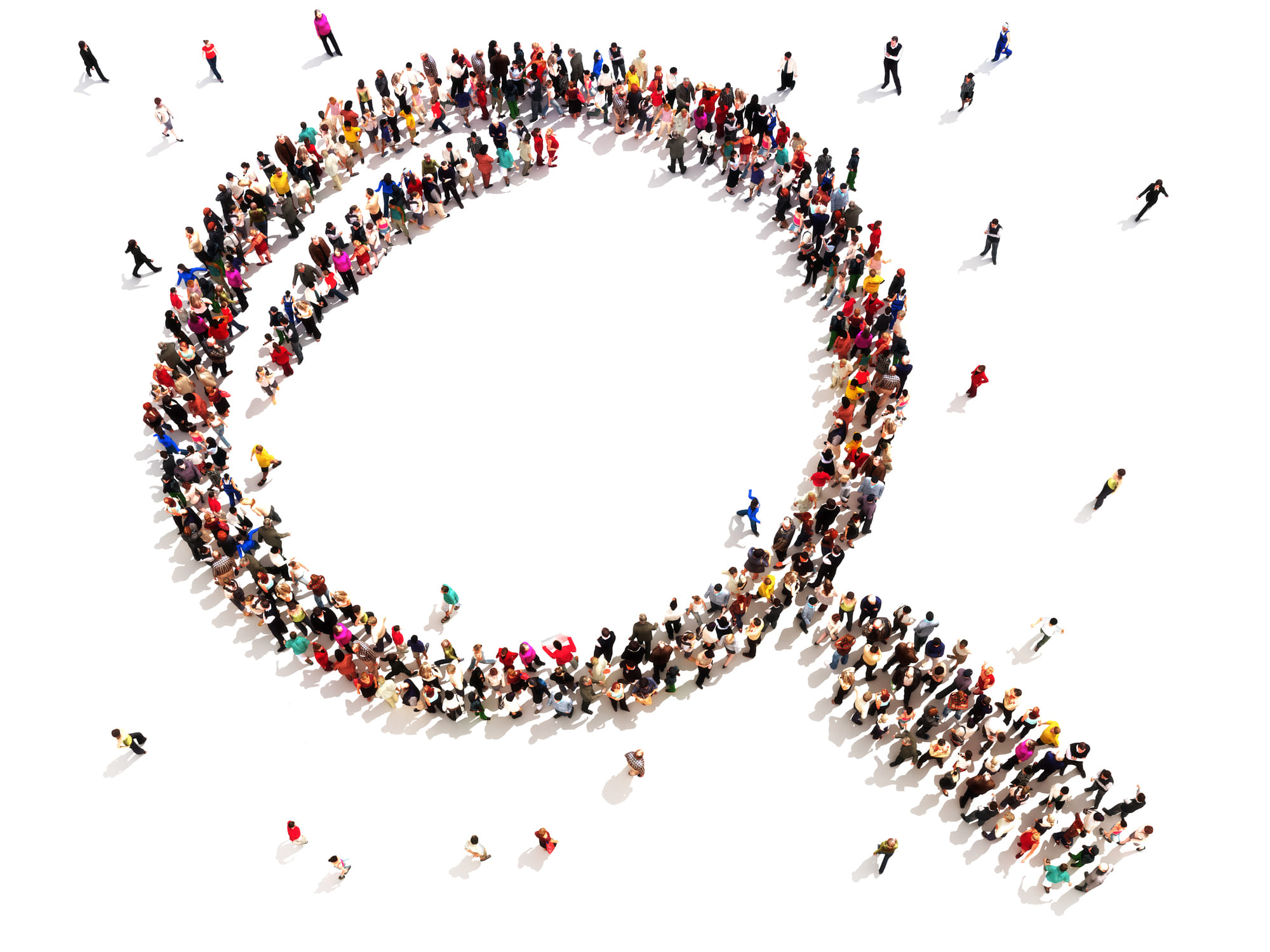 Aerial view of a large diverse group of people arranged in the shape of a magnifying glass, representing demographic analysis of MTurk workers during COVID-19