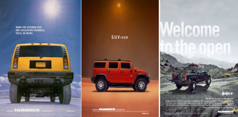 Hummer H2 and H3 advertising campaigns showcasing outdoor and adventure themes