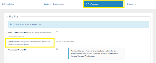 Screenshot of TurkPrime's HyperBatch interface showing the feature options that allow researchers to run multiple small HITs simultaneously for faster data collection while maintaining the appearance of a single study