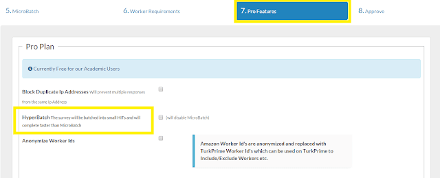 Screenshot of TurkPrime's HyperBatch interface showing the feature options that allow researchers to run multiple small HITs simultaneously for faster data collection while maintaining the appearance of a single study