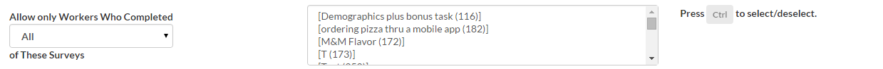 Screenshot of TurkPrime's Include Survey interface showing dropdown options to select previous HITs or surveys whose participants should be included in the follow-up study
