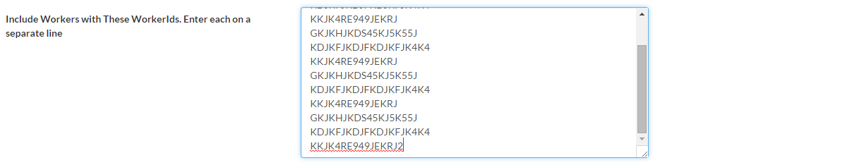 Screenshot of TurkPrime's Include Workers interface showing a text box where researchers can paste worker IDs to include specific participants in follow-up studies