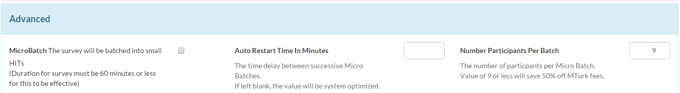 Screenshot of CloudResearch's MicroBatch design interface showing options to configure batch size and time intervals