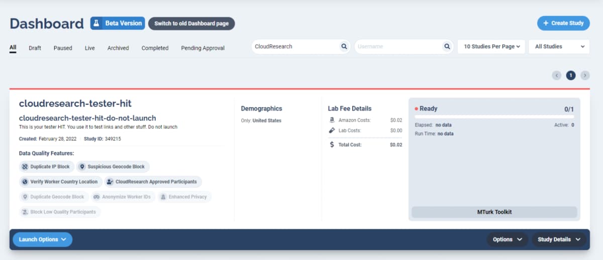 MTurk Toolkit study management screen for Amazon Mechanical Turk worker recruitment