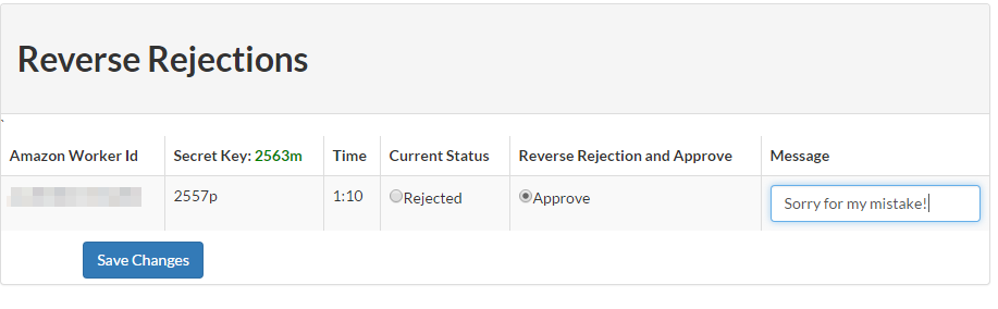 Screenshot of CloudResearch's Reverse Rejection dialog box where users can select worker IDs and enter an optional message before confirming the rejection reversal