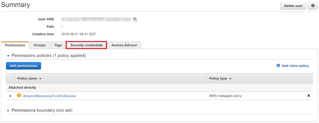 Screenshot of AWS IAM user summary page showing account details and available tabs