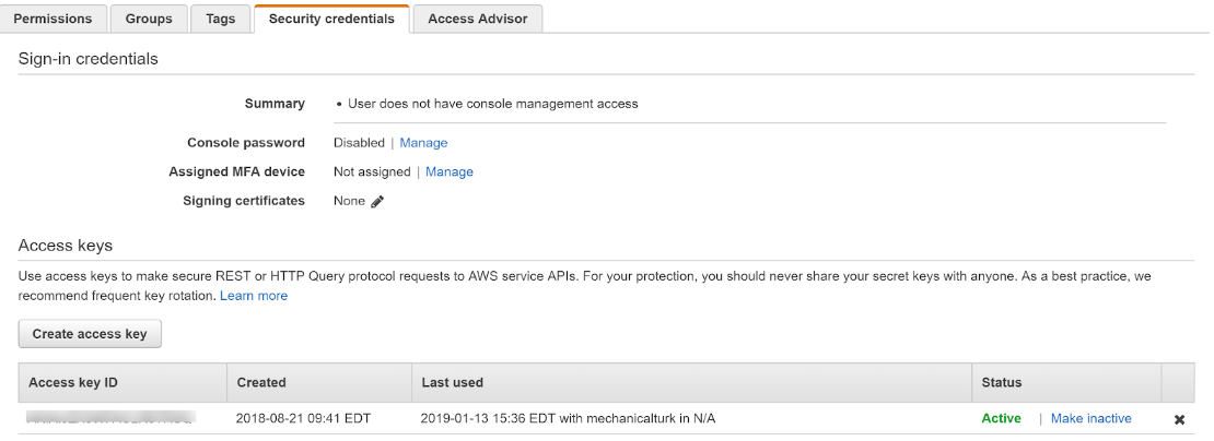 Screenshot of AWS Security Credentials tab showing access keys and the Create Access Key button