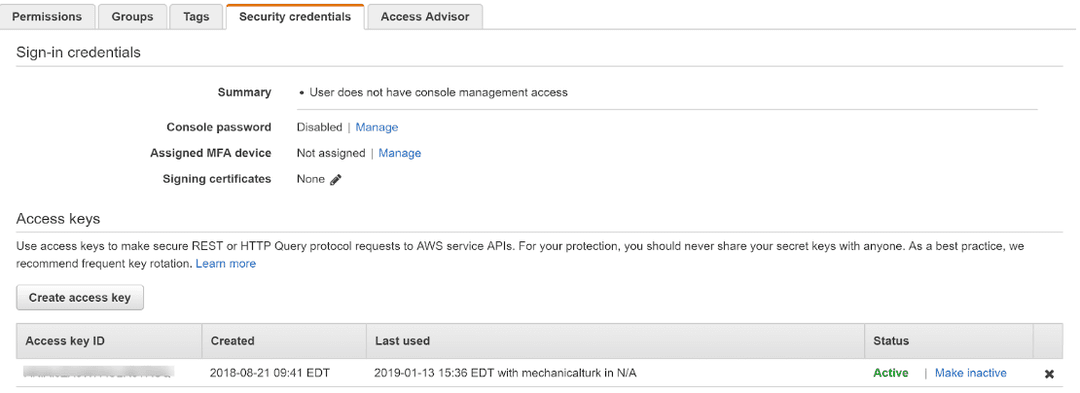 Screenshot of AWS Security Credentials tab showing access keys and the Create Access Key button