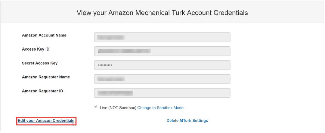 Screenshot of CloudResearch Amazon Credentials form where users enter their new AWS access keys