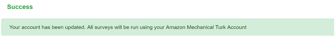 Screenshot of CloudResearch success message confirming that Amazon credentials have been updated successfully