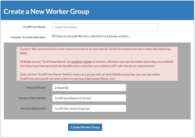 Screenshot of TurkPrime's Worker Group feature interface showing how to create a Universal Exclude List to prevent specific workers from participating in future studies without harming their reputation