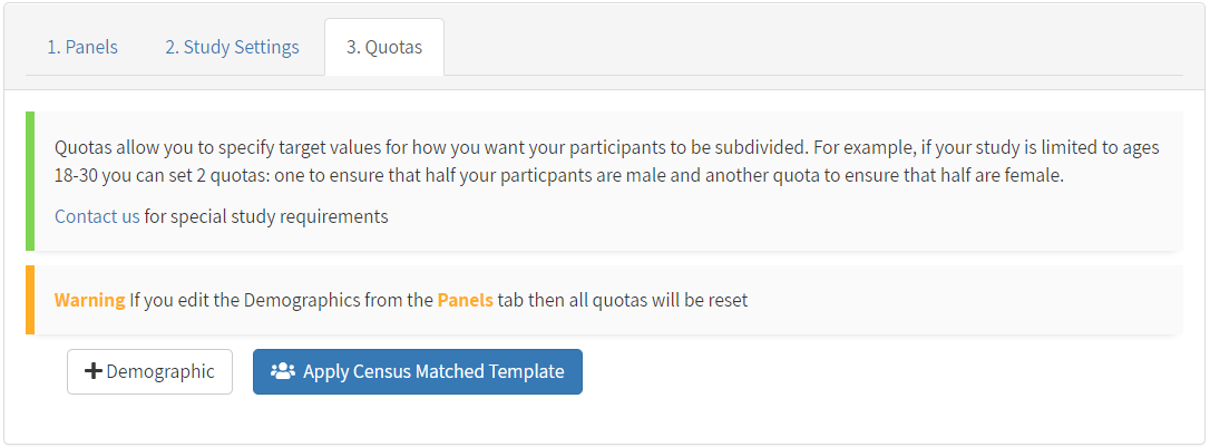 Screenshot of Prime Panels' Quotas page highlighting the 'Apply Census Matched Template' button that automatically sets demographic quotas proportional to U.S. Census data