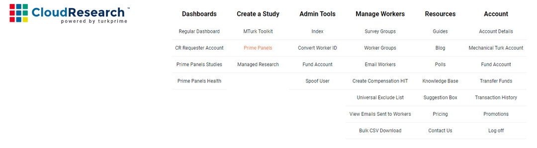 Screenshot of CloudResearch interface showing how to select Prime Panels from the Create a Study menu