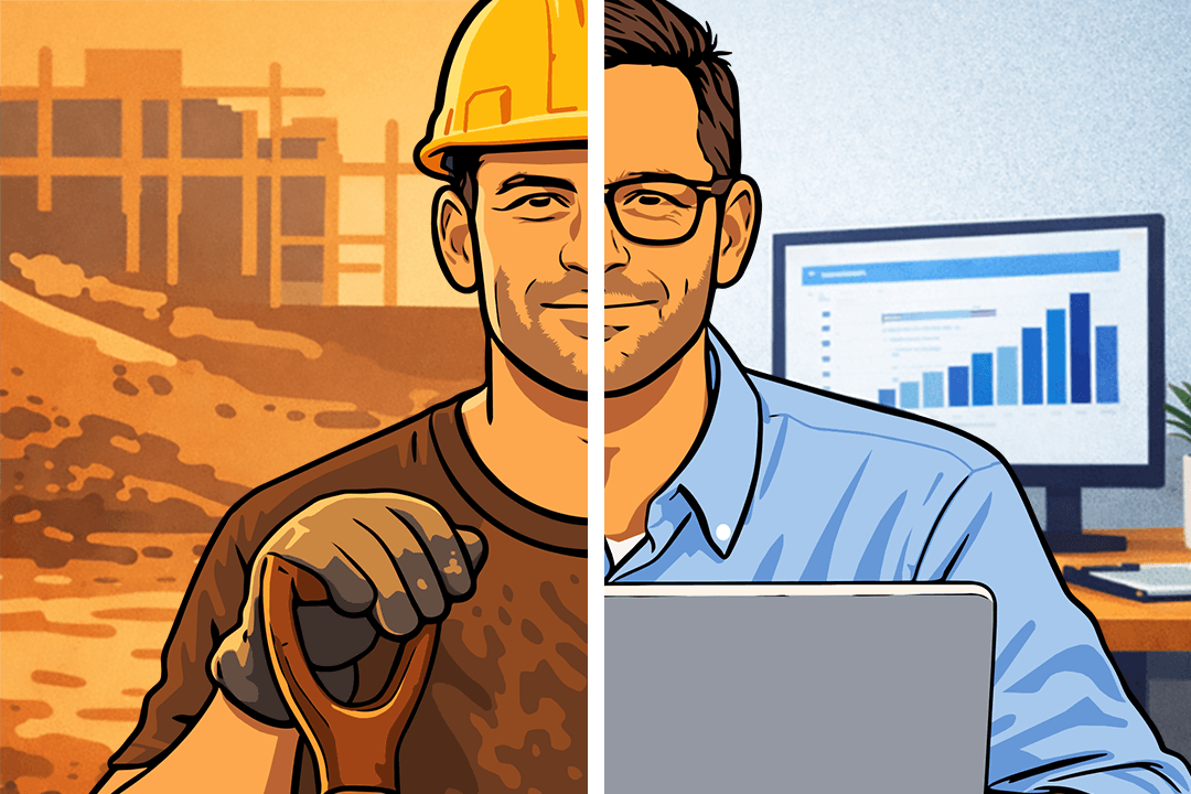 Illustration of a researcher's journey from construction worker to behavioral scientist at a computer