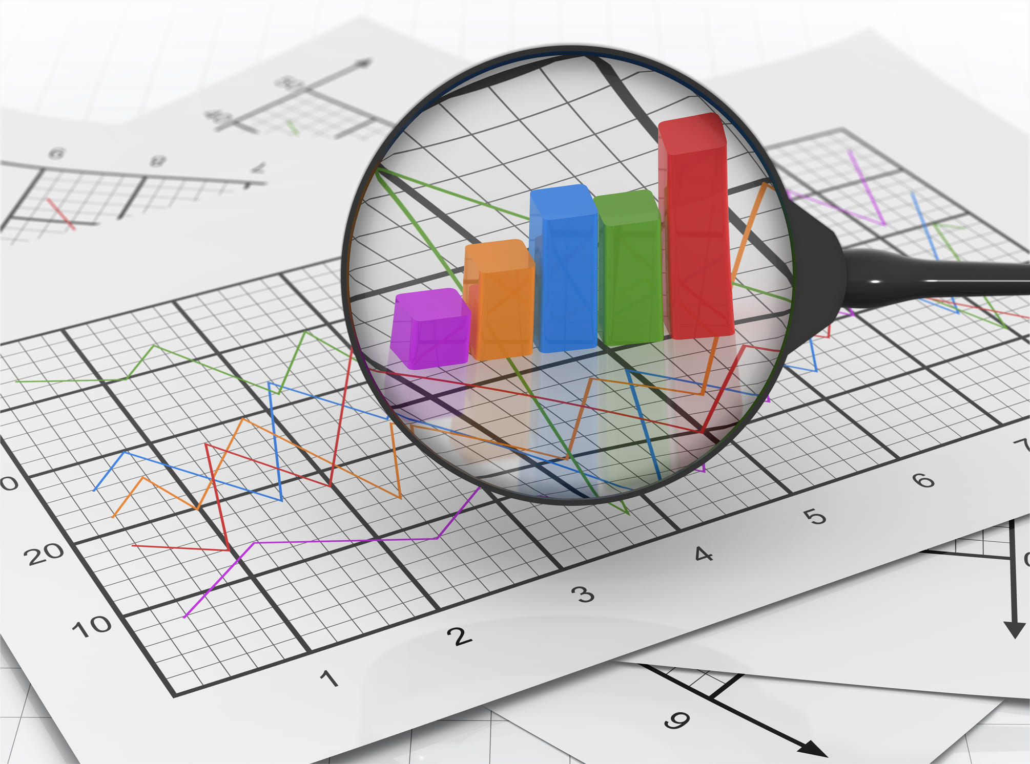 Magnifying glass examining colorful 3D bar charts, representing critical analysis of polling data and the common methodological mistakes in survey research