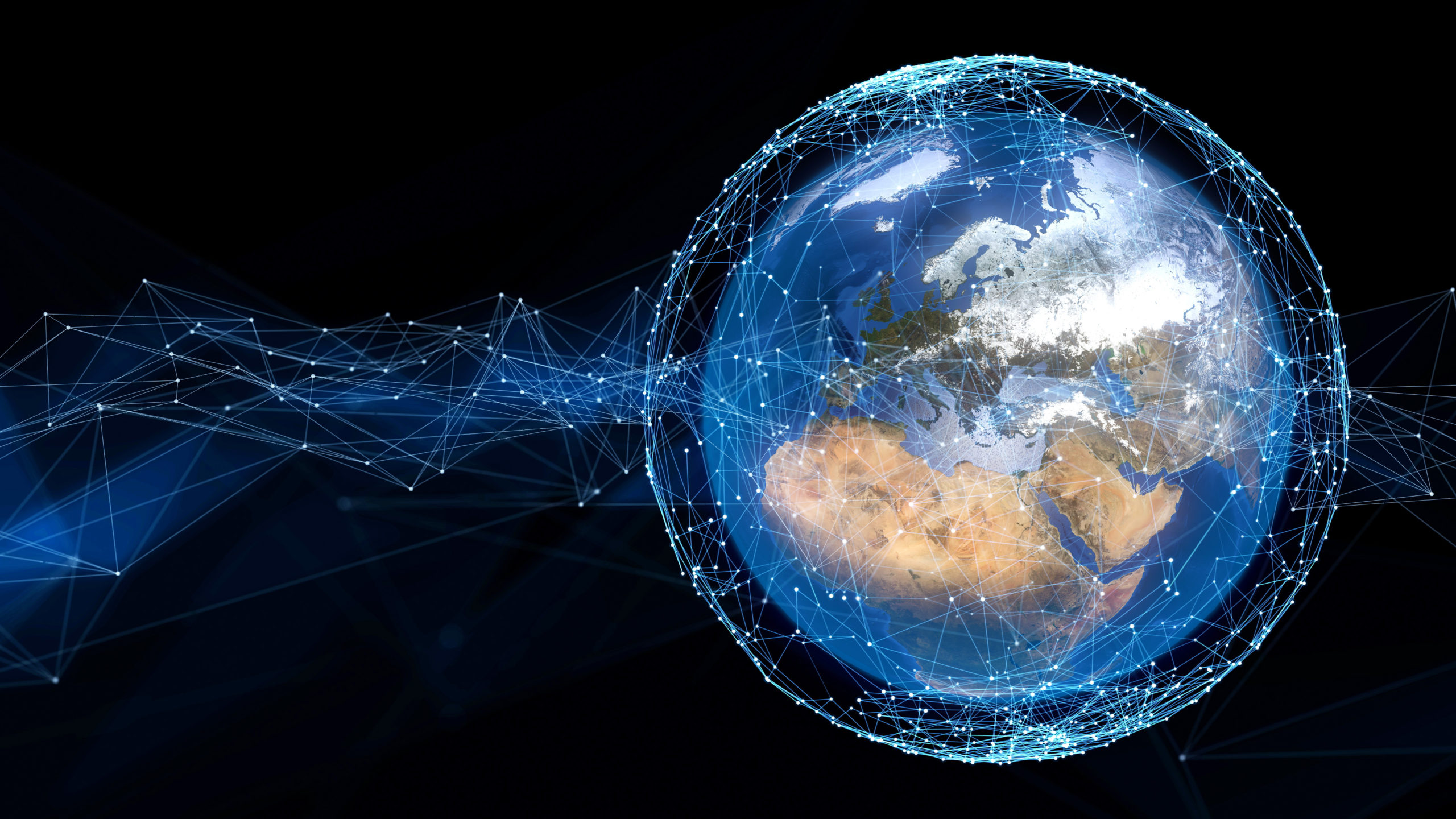 Global digital network visualization with connected points representing CloudResearch's international sampling capabilities