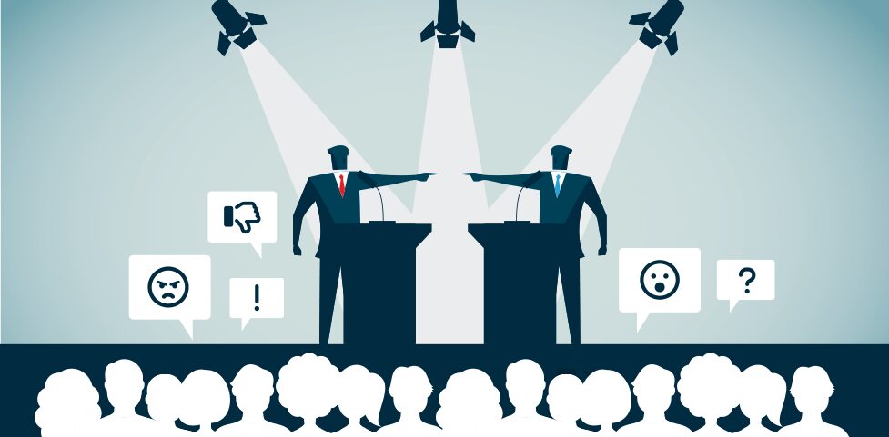 Presidential debate analysis banner showing AI-powered Engage interview insights from persuadable voters following the Biden-Trump debate