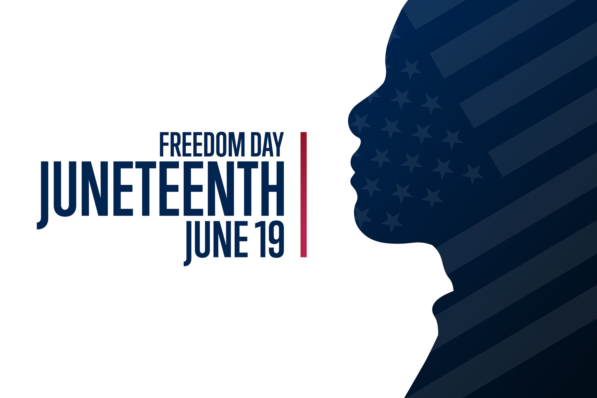 Juneteenth celebration illustration showing 'Freedom Day' and 'June 19' text with decorative elements including stars and symbolic colors of red, black, and green, representing the commemoration of the end of slavery in the United States