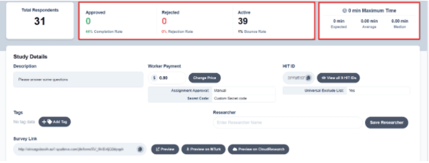 Dashboard statistics dropdown showing study metrics including completion times, approval rates, and bounce rate