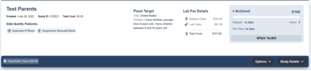 Close-up of a study card showing project details including title, demographics, costs and completion count
