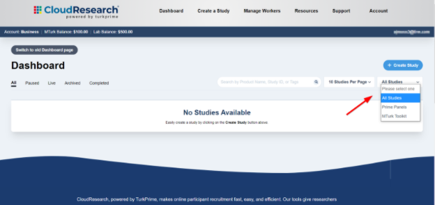 Dashboard filter tabs showing options to filter studies by platform: MTurk Toolkit or Prime Panels
