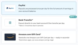 Connect withdrawal options showing PayPal, Bank Transfer, and Amazon Gift Card