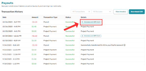 Connect transaction history with Amazon.com Gift Card button in Details column