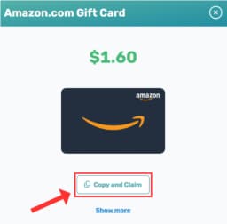 Amazon gift card redemption dialog with Copy and Claim and Show More options