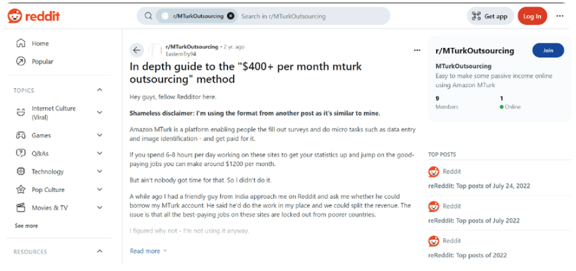 Reddit post in the MTurkOutsourcing subreddit titled In depth guide to the $400+ per month mturk outsourcing method, describing renting an MTurk account to someone abroad and splitting the revenue