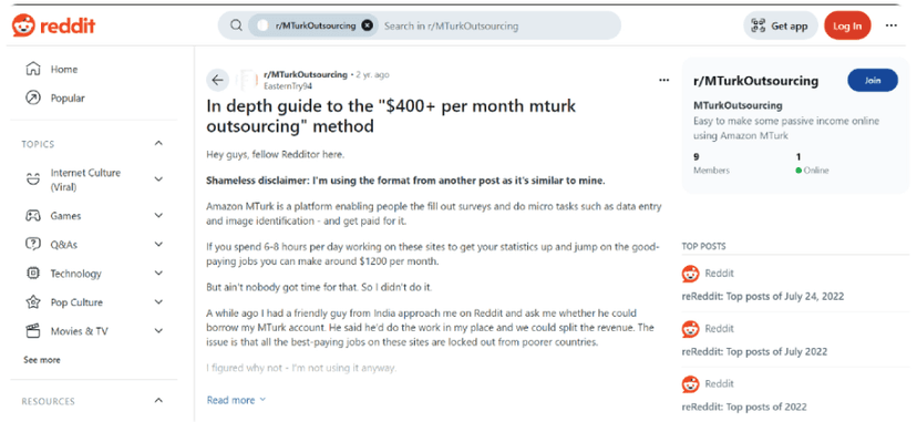 Reddit post in the MTurkOutsourcing subreddit titled In depth guide to the $400+ per month mturk outsourcing method, describing renting an MTurk account to someone abroad and splitting the revenue